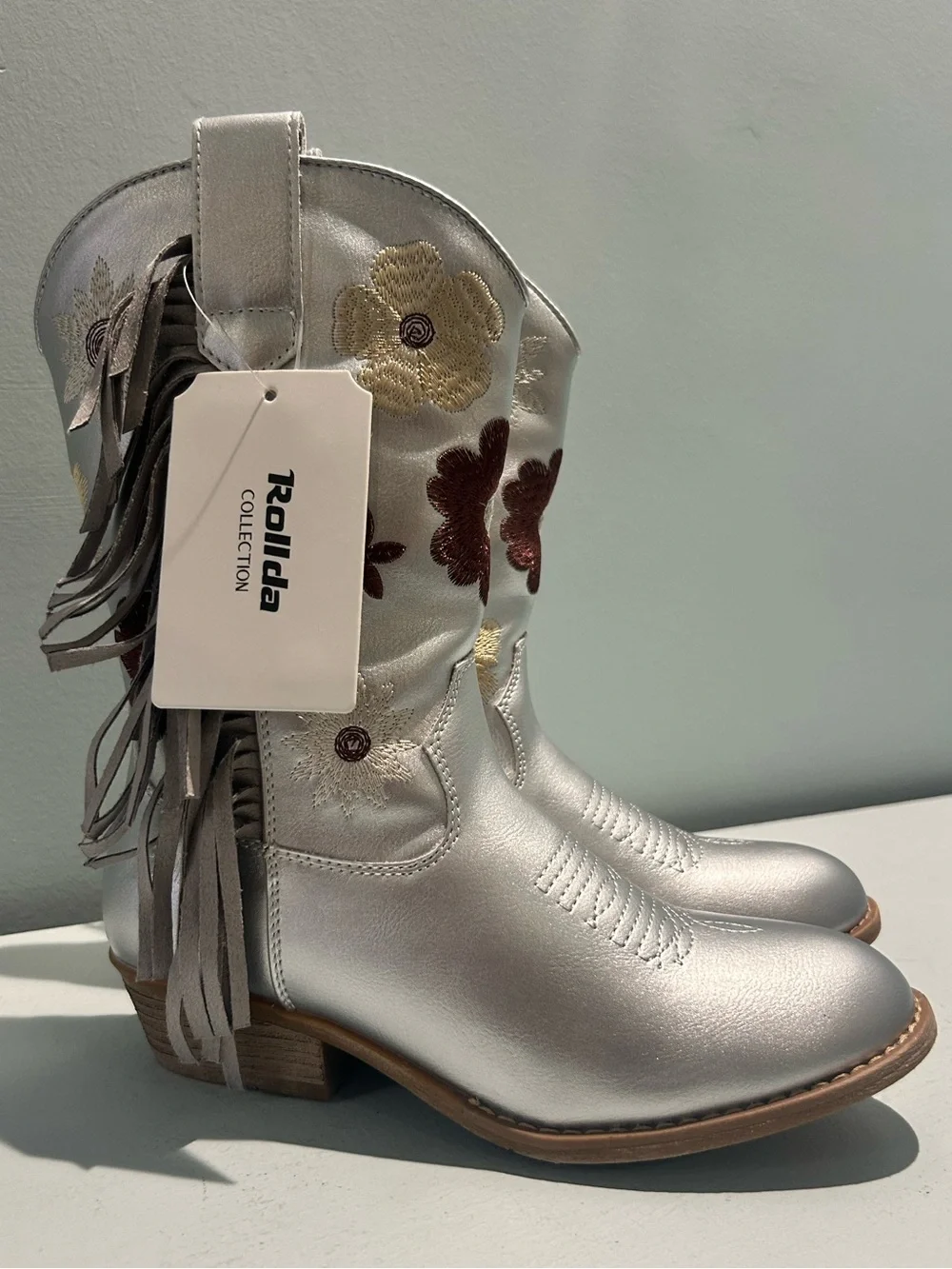 Rollda Silver Floral Embroidered Fringe Western Cowboy Boot Girl’s Size 4